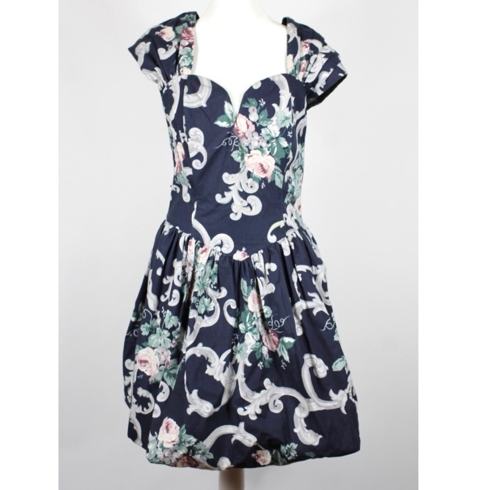 RARE Vintage Jessica McClintock Gunne Sax Blue Floral Bubble Mini Dress Medium
